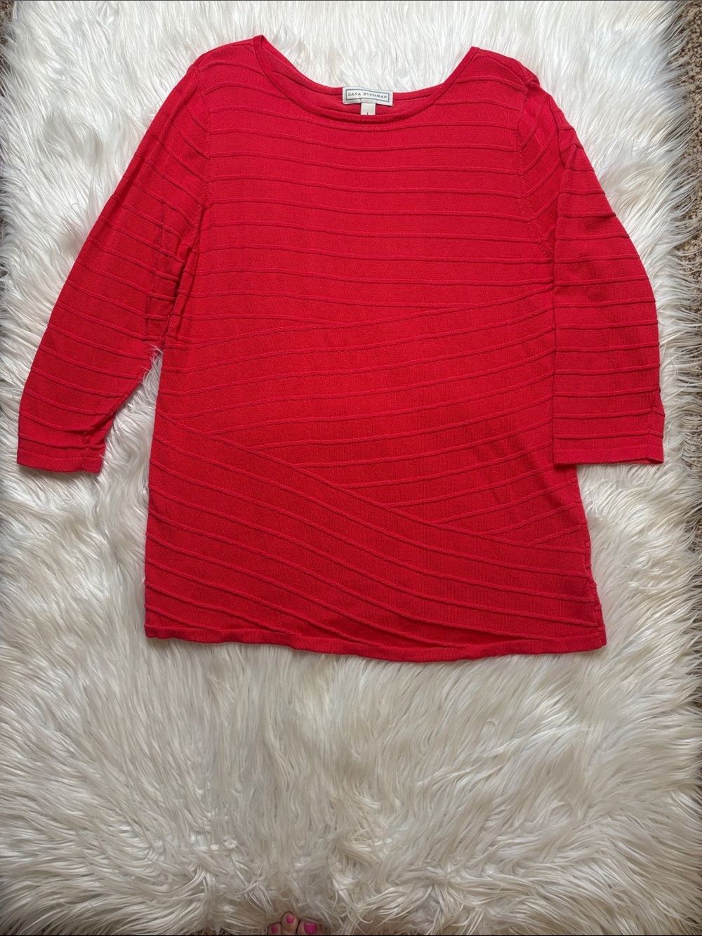 Dana Buchman Red Scoop Neck Ribbed Sweater, Coral, Size Large